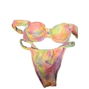 Tie Dye Bikini Swimsuit Set Adjustable Straps Pastel Rainbow Color SMALL